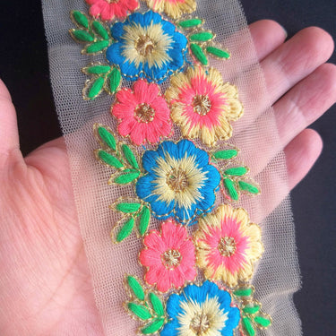Beige Net Lace Trim In Blue, Coral, Green